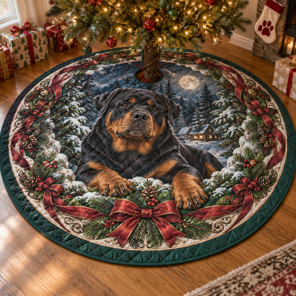 Rottweiler Quilted Holiday Tree Skirt — Heavy-Duty Plush Christmas Base, Protective Padding, Machine-Washable & Perfect For Dog Owners