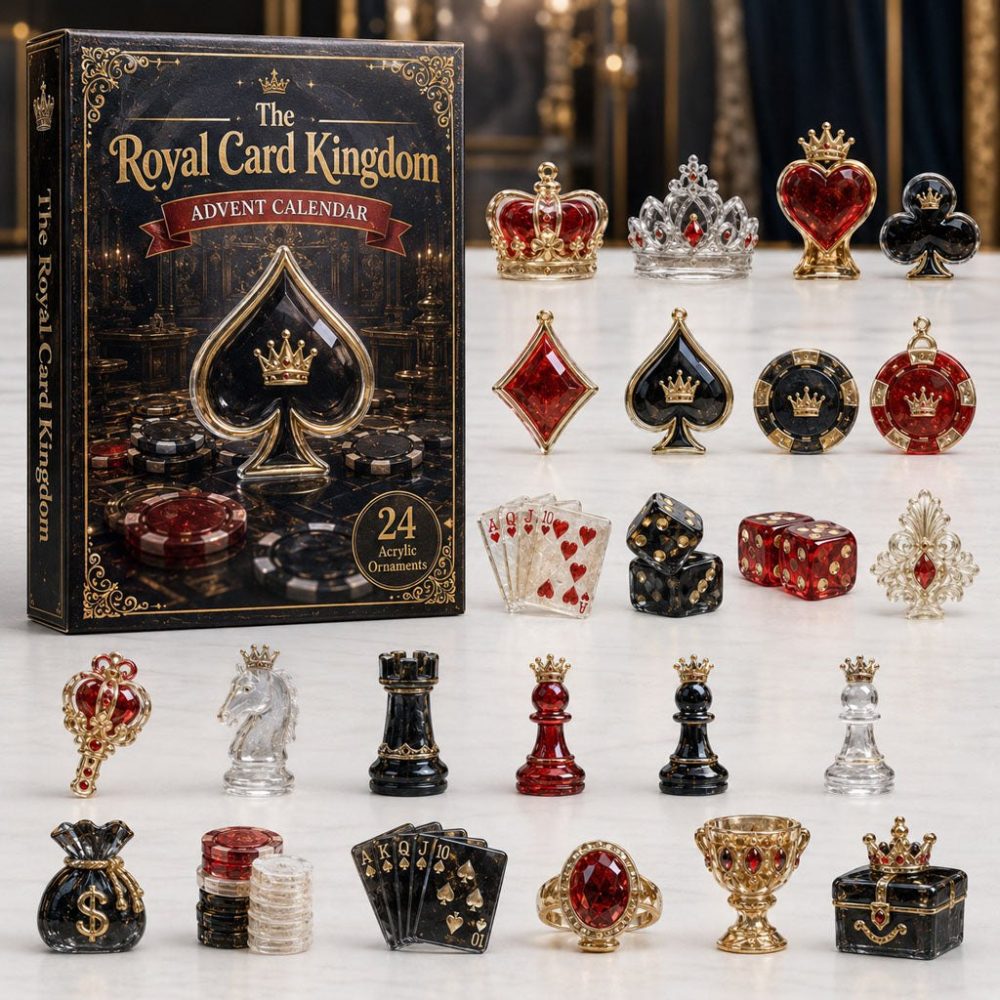 Royal Poker Kingdom Advent — 24-Day Card Game Countdown With Acrylic Poker Charms, Luxury Casino-Themed Holiday Gift For Players