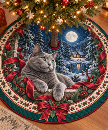 Elegant Quilted Holiday Tree Skirt With Russian Blue Cat Design — Plush, Durable Christmas Decor For Pet-Friendly Homes