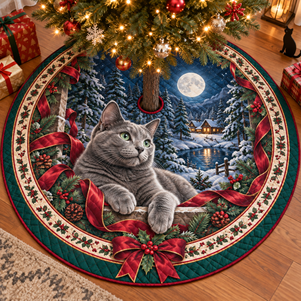 Elegant Quilted Holiday Tree Skirt With Russian Blue Cat Design — Plush, Durable Christmas Decor For Pet-Friendly Homes