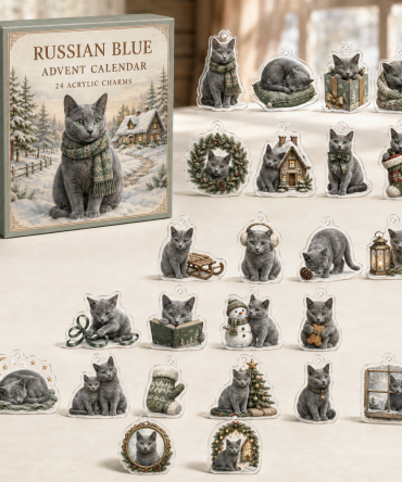 Russian Blue Cat Holiday Countdown: 24-Day Acrylic Charm Advent - Elegant Blue Cat Ornaments, Premium Gift For Cat Fans