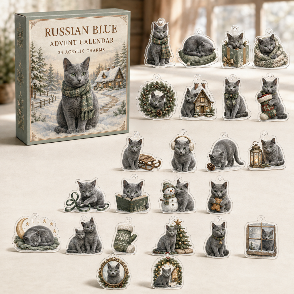 Russian Blue Cat Holiday Countdown: 24-Day Acrylic Charm Advent - Elegant Blue Cat Ornaments, Premium Gift For Cat Fans