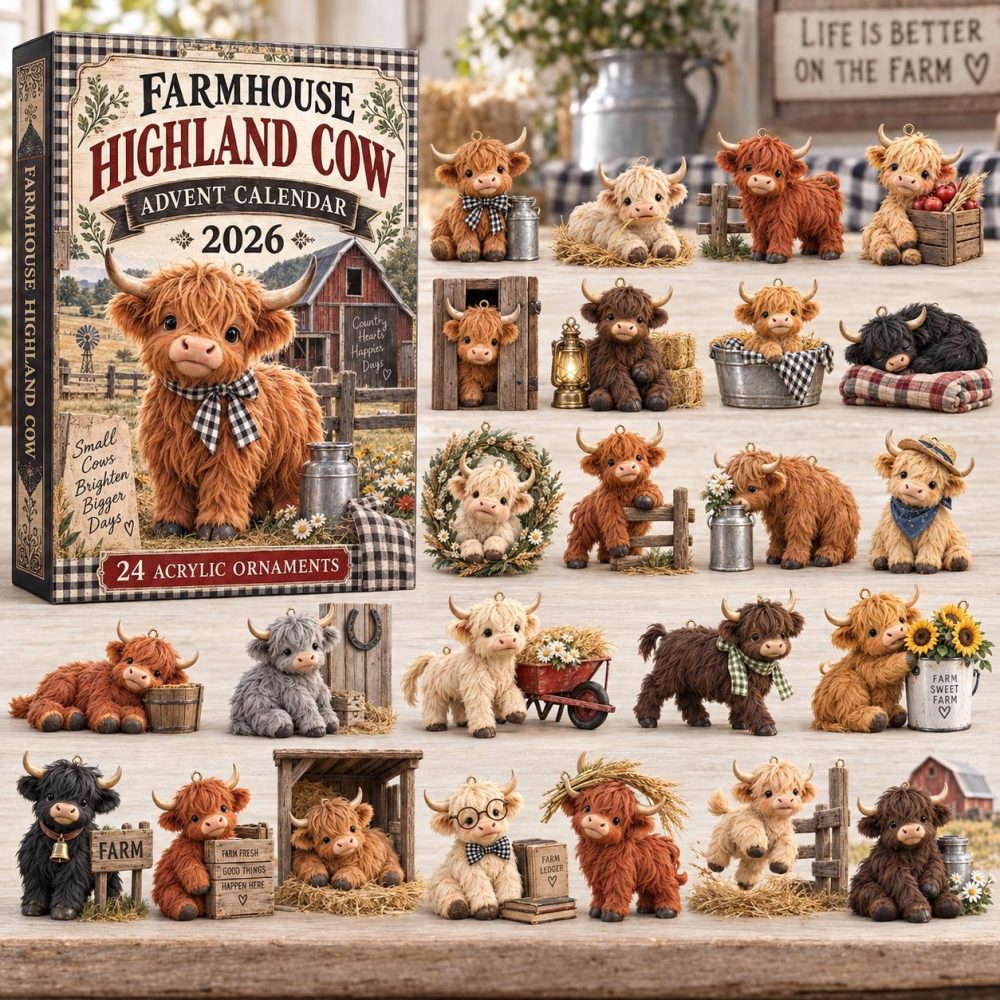 Rustic Farmhouse Highland Cow Holiday Countdown - 24-Day Acrylic Charms Collection, Cozy Country Ornament Gift