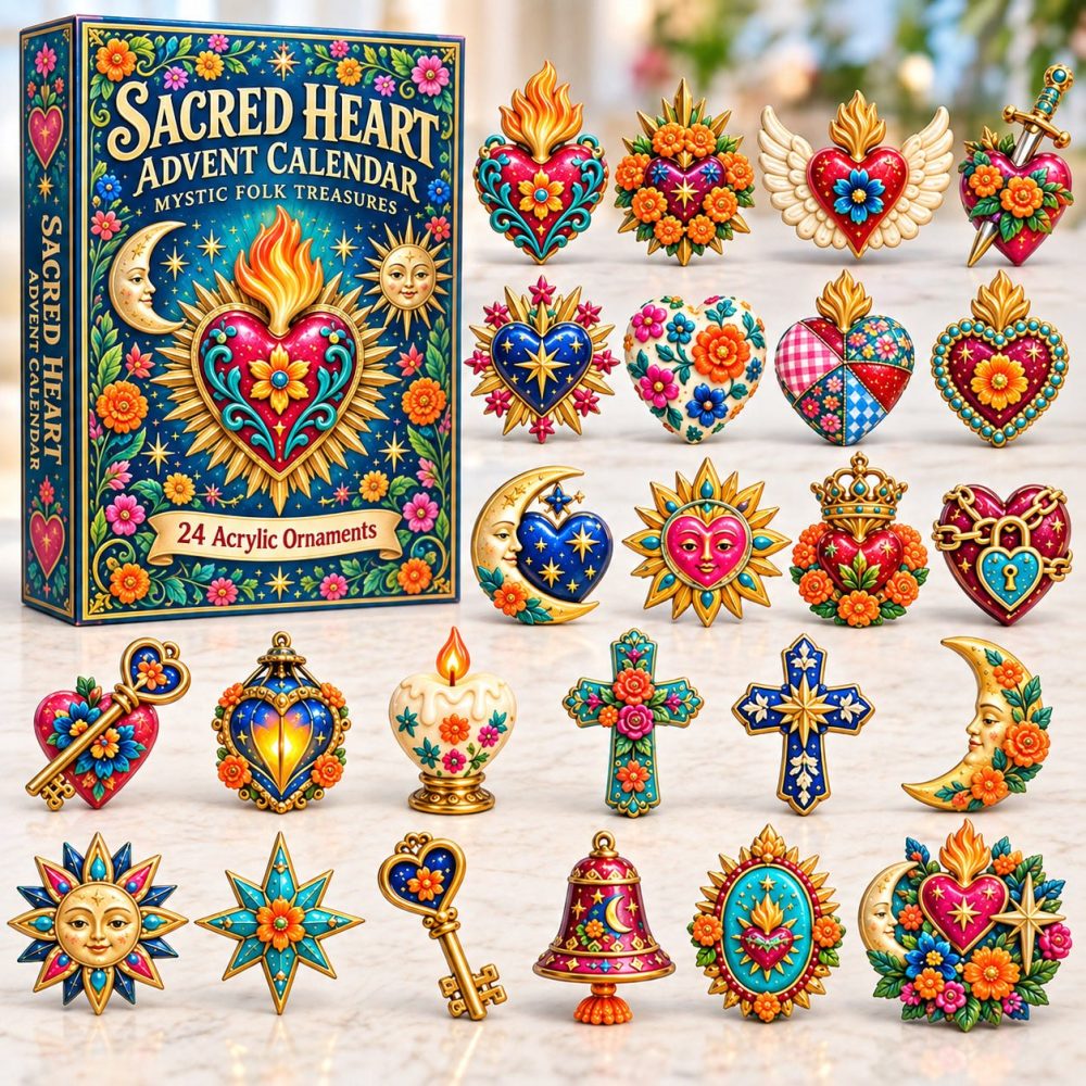 Sacred Heart Folk Treasures Advent Calendar 2026 - 24 Mystical Acrylic Charms Inspired By Folk Art & Devotional Icons