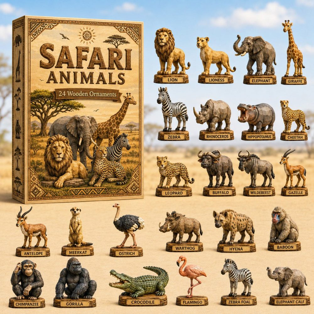 Safari Animals Wooden Advent Calendar 2026 — 24-Day Hand-Painted Wooden Charm Countdown For Kids, Educational Wildlife Gift