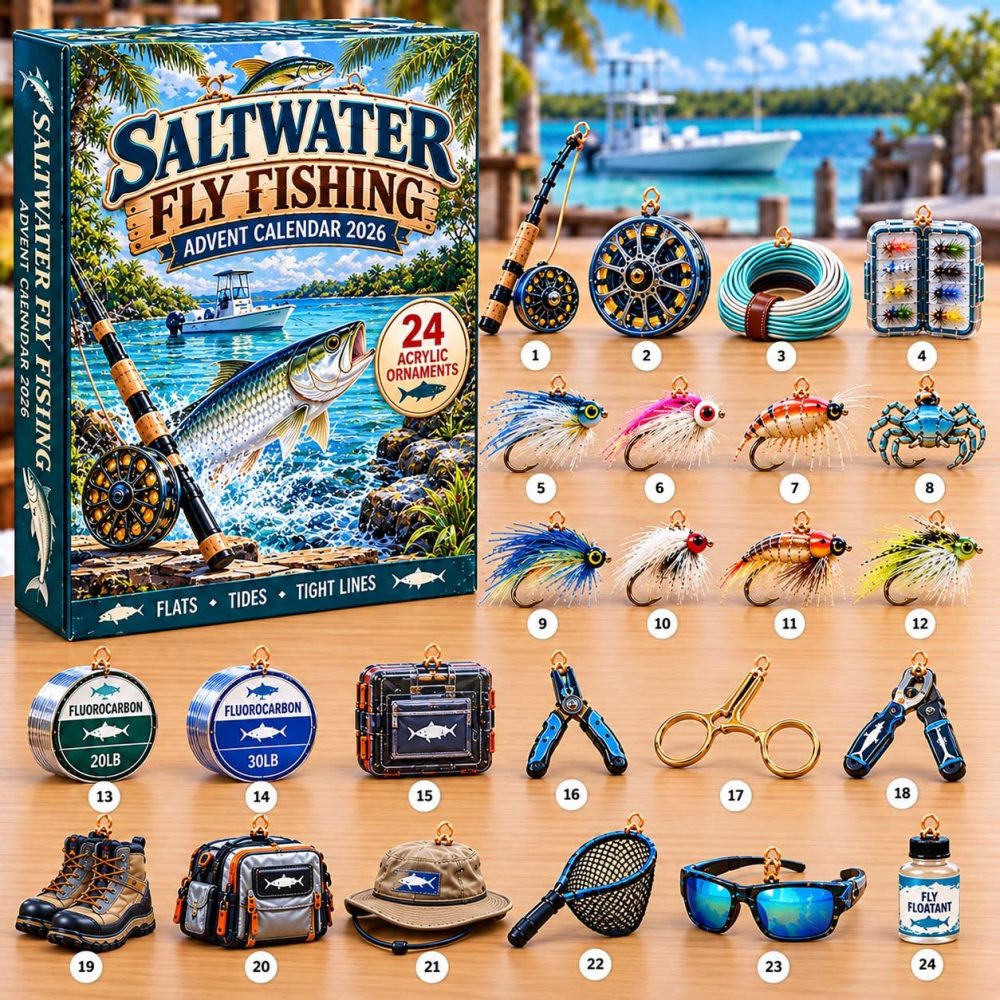 Saltwater Fly Fishing 2026 Advent Countdown — 24-Day Angler Calendar With Acrylic Charms, Coastal Fishing Gift Set