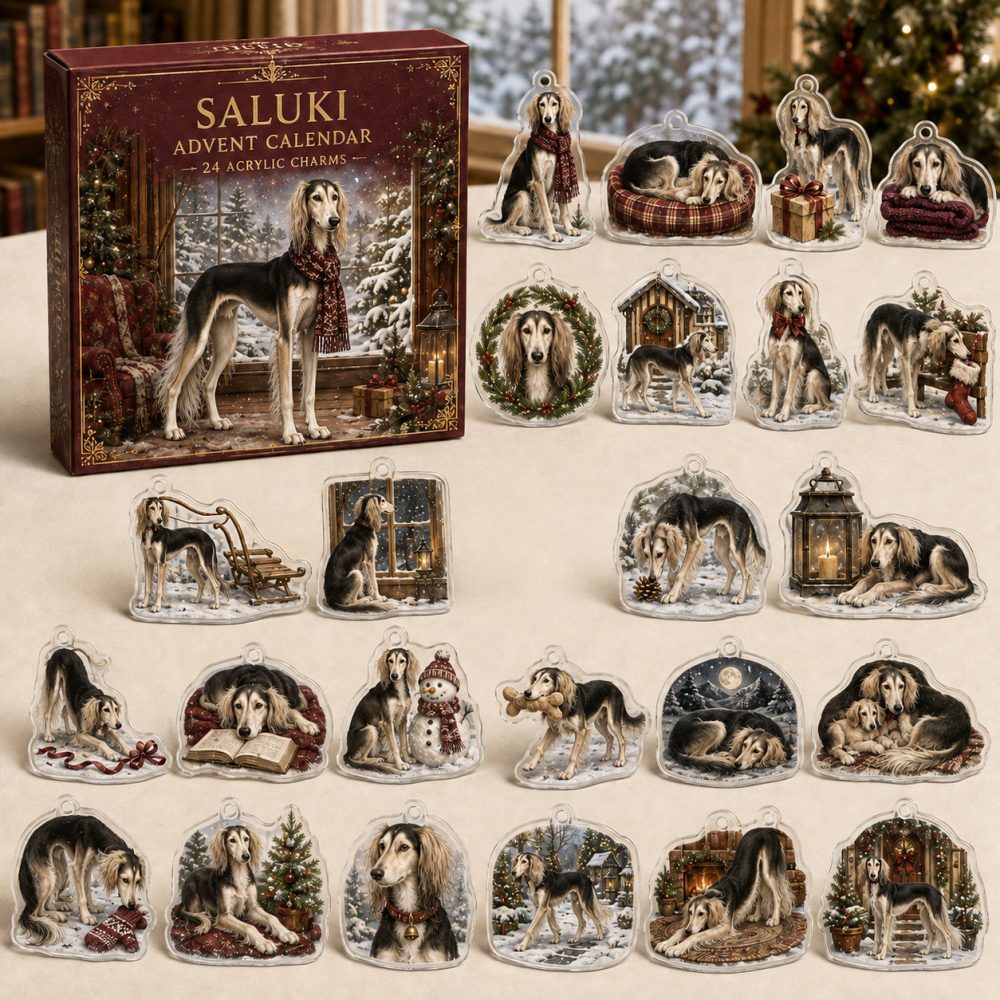 Saluki Holiday Advent Calendar With 24 Acrylic Charms — Stylish Canine-Themed Seasonal Gift & Collectible Charm Set