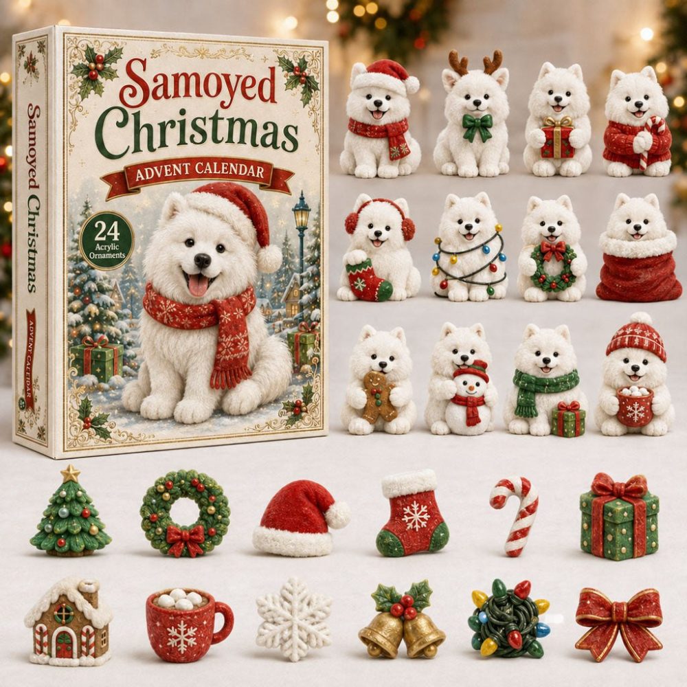 Festive Samoyed Advent Calendar — 24-Day Holiday Countdown With Acrylic Dog Charms, Perfect Pet Lover Christmas Gift