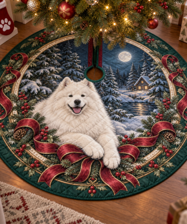 Samoyed-Themed Quilted Christmas Tree Skirt — Soft Plush Holiday Base, Stain-Resistant, Fits Most Trees, Ideal For Dog-Lover Gifts