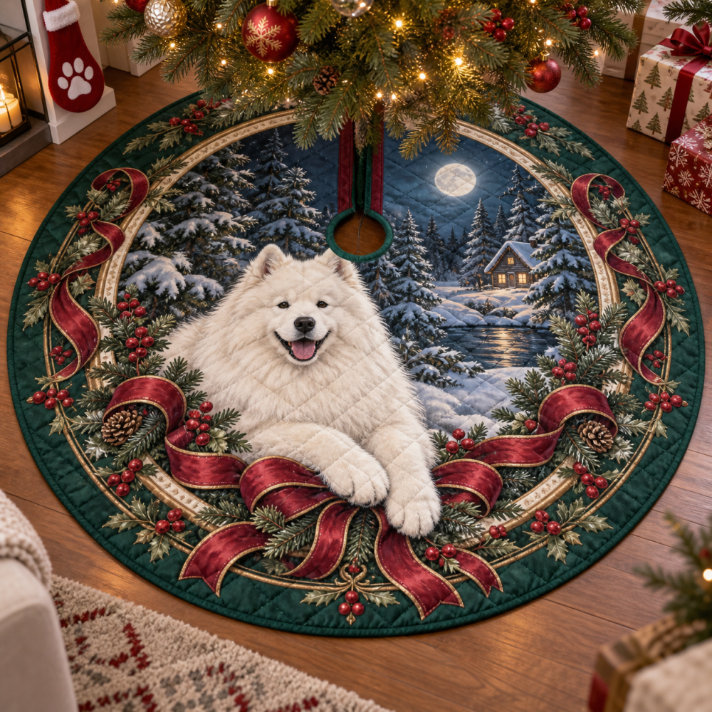 Samoyed-Themed Quilted Christmas Tree Skirt — Soft Plush Holiday Base, Stain-Resistant, Fits Most Trees, Ideal For Dog-Lover Gifts