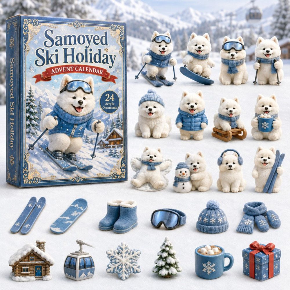 Samoyed Ski Holiday 24-Day Advent Calendar 2026 — Acrylic Skiing Dog Charms, Winter Sports Countdown Gift For Dog Lovers