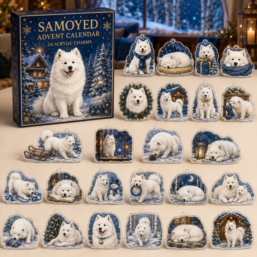 Samoyed Holiday Countdown Advent Calendar — 24 Handcrafted Acrylic Samoyed Charms, Cute Winter Gift For Dog Lovers