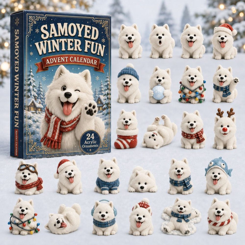 Samoyed Winter Fun 24-Day Advent Calendar 2026 — Acrylic Dog Charms, Snowy Puppy Scenes Holiday Countdown Gift