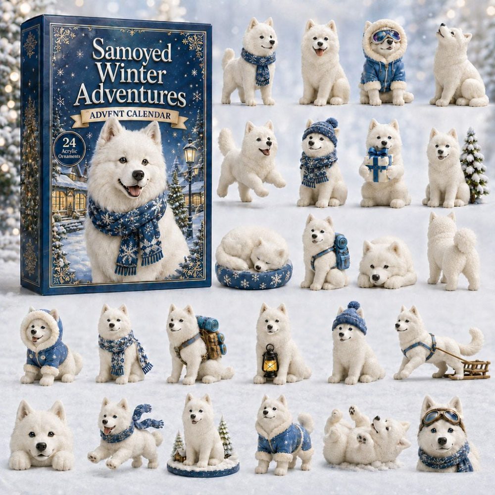 Samoyed Winter Fun 24-Day Advent Calendar 2026 — Handcrafted Wooden Charms Puppy Snow Scenes, Premium Holiday Gift
