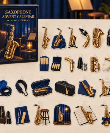 Sax Player Holiday Countdown - 24 Acrylic Saxophone Mini Charms In Festive Gift Box, Ideal Musician Stocking Stuffer & Band Gift Idea