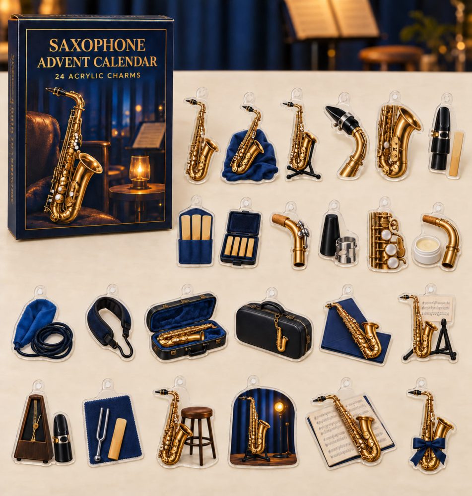 Sax Player Holiday Countdown - 24 Acrylic Saxophone Mini Charms In Festive Gift Box, Ideal Musician Stocking Stuffer & Band Gift Idea