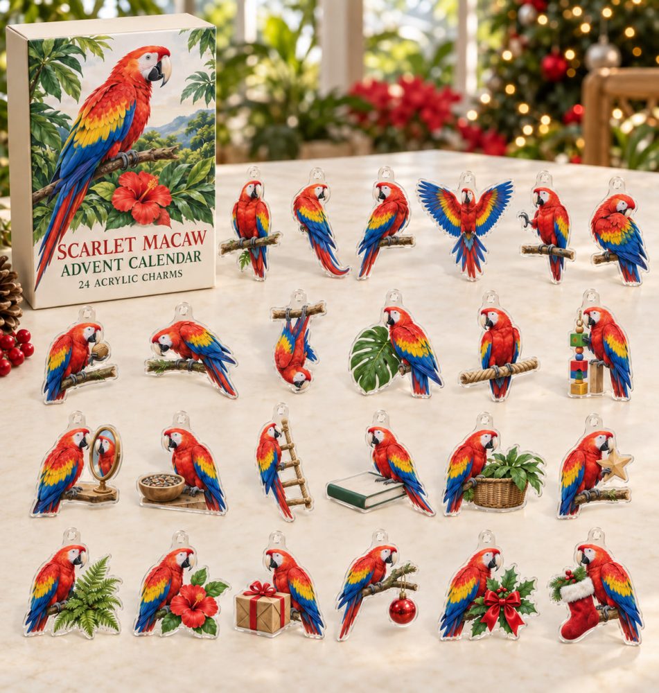 Bright Scarlet Macaw Advent Countdown Calendar - 24 Vivid Acrylic Charms, Reusable Tropical Bird Gift For Collectors & Kids