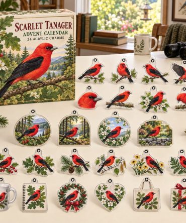 Scarlet Tanager Advent Calendar — 24 Red Bird Acrylic Charms, Festive Birdwatching Countdown Gift For Nature Fans 2026