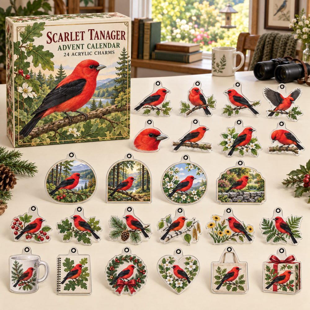 Scarlet Tanager Advent Calendar — 24 Red Bird Acrylic Charms, Festive Birdwatching Countdown Gift For Nature Fans 2026