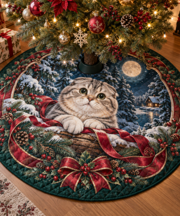 Cozy Quilted Holiday Tree Skirt With Scottish Fold Cat Illustration — Soft, Non-Slip Christmas Decor Ideal For Cat Lovers