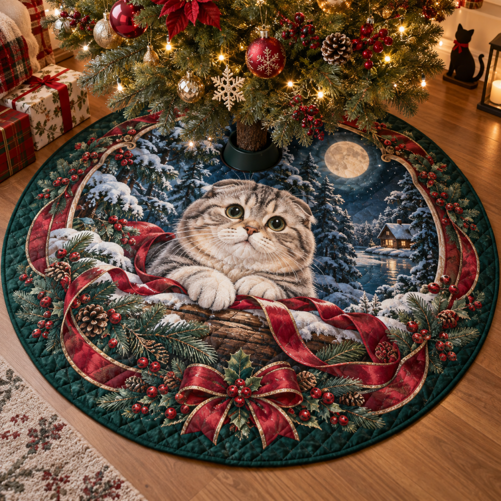 Cozy Quilted Holiday Tree Skirt With Scottish Fold Cat Illustration — Soft, Non-Slip Christmas Decor Ideal For Cat Lovers