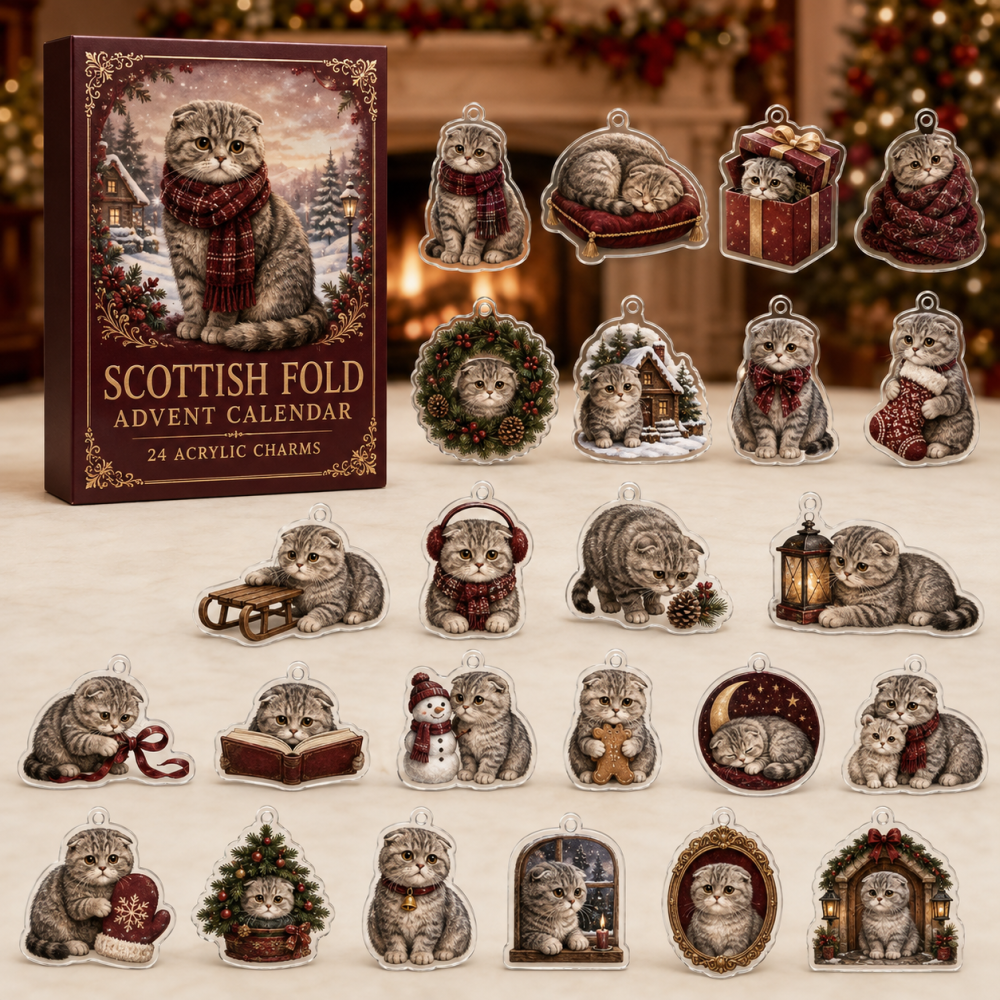 Scottish Fold Cat Holiday Countdown — 24-Day Acrylic Charm Set For Cat Lovers, Adorable Advent Ornaments & Gifts