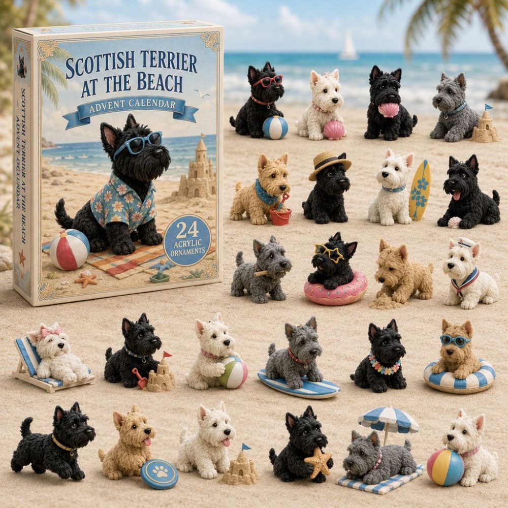 2026 Scottish Terrier Beach-Themed 24-Day Advent Calendar With Acrylic Charms — Summer-Style Holiday Countdown Gift For Dog Fans