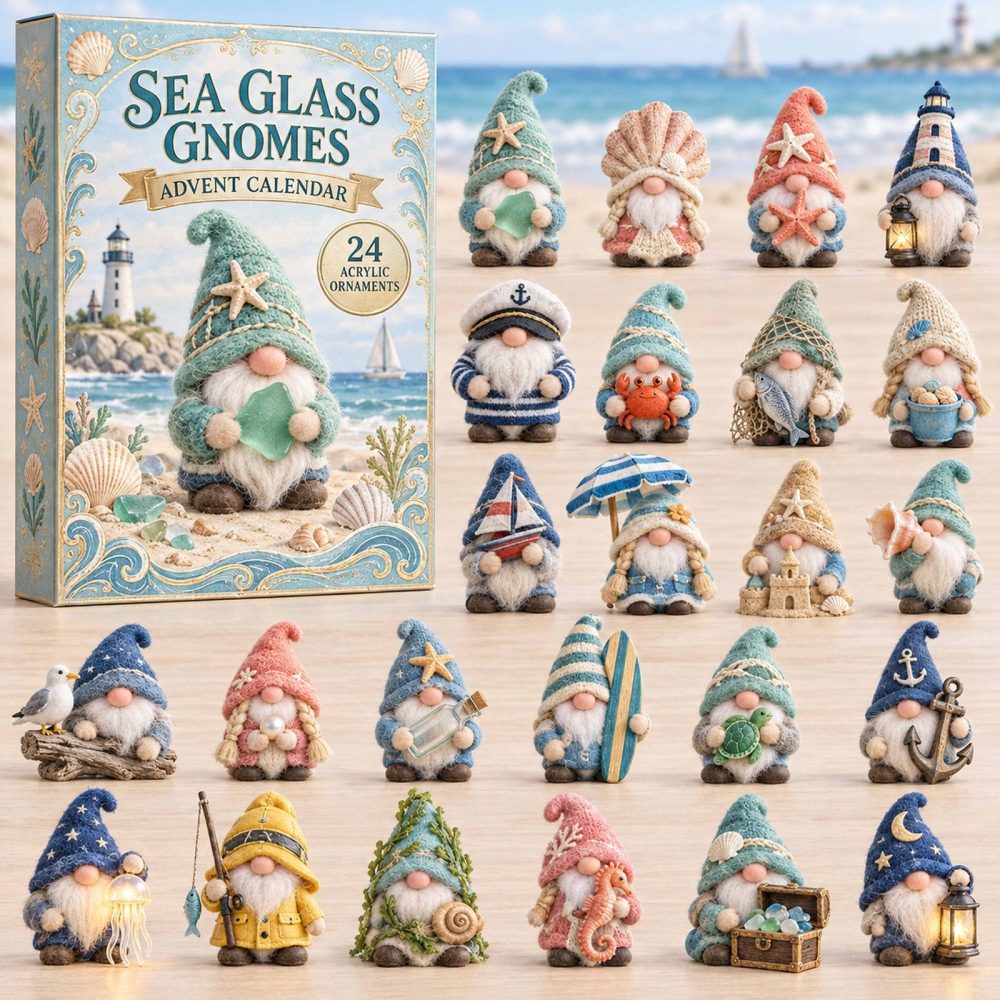 Sea Glass Gnomes 24-Day Acrylic Charm Countdown — Coastal Beach-Themed Advent Calendar For Nautical Holiday Decor & Gifts