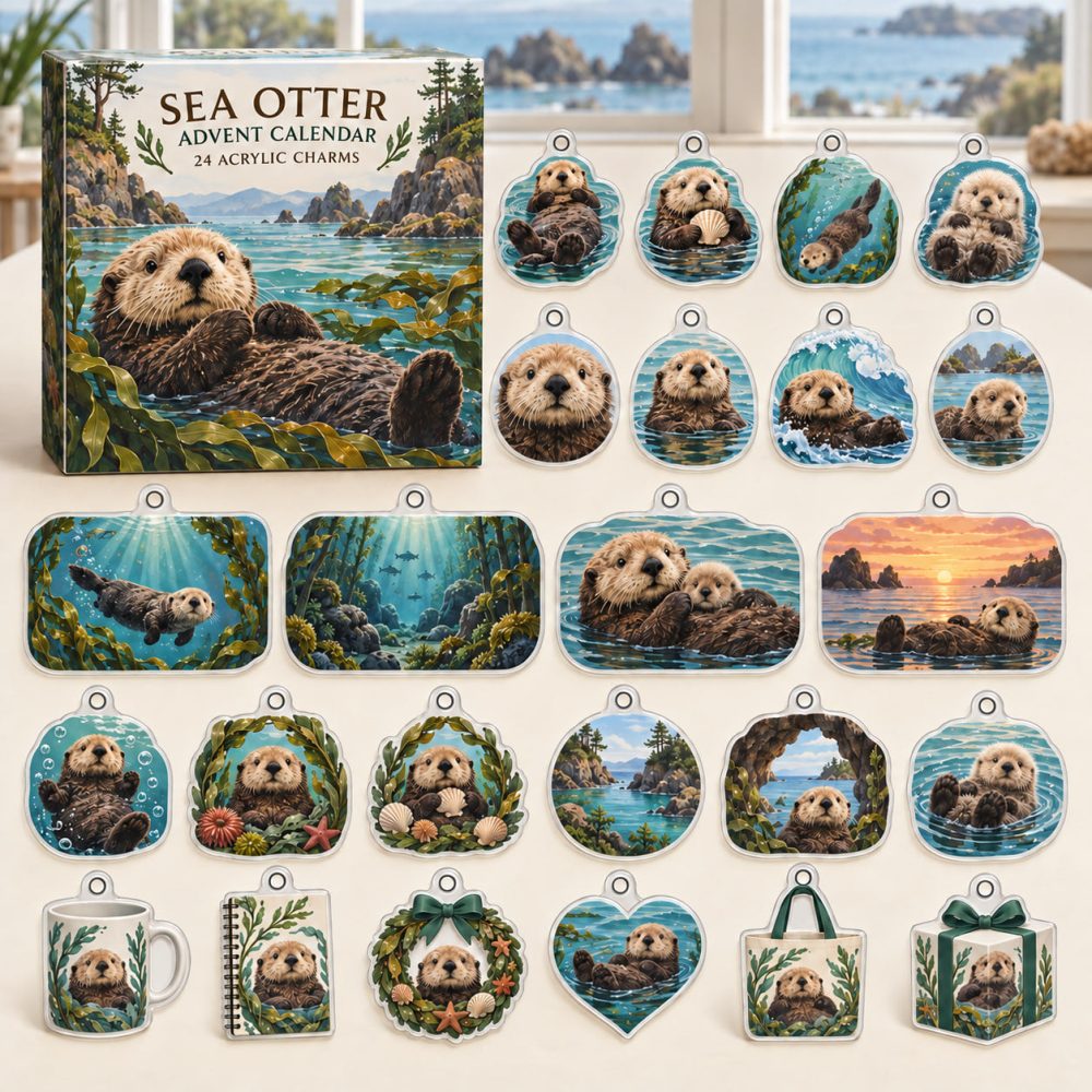 Sea Otter 24-Day Holiday Advent Calendar — 24 Collectible Acrylic Animal Charms, Cute Countdown Gift For Ocean Fans