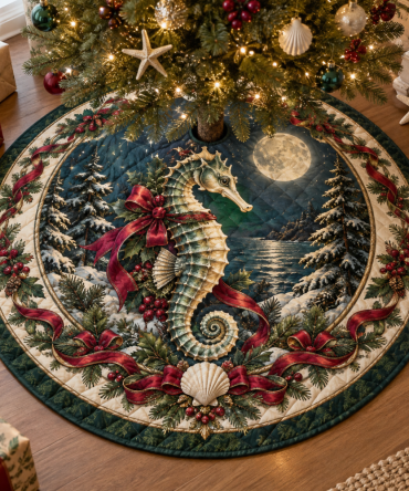 Seahorse Heritage Quilted Christmas Tree Skirt — 48" Round Premium Coastal Holiday Decor, Plush Lining, Machine-Washable, Gift-Ready