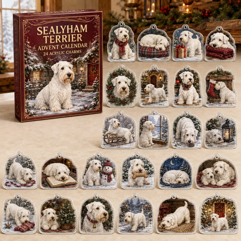 Sealyham Terrier Holiday Advent Calendar — 24 Acrylic Dog Charms, Christmas Countdown Ornaments & Gift For Terrier Lovers