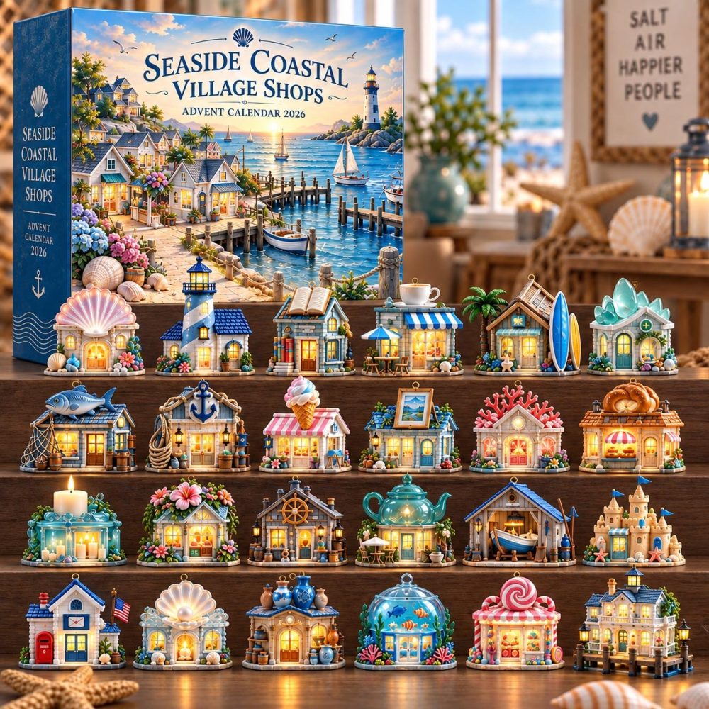 Coastal Village Advent Calendar 2026 — 24-Day Acrylic Charm Countdown, Seaside Holiday Decor & Gift For Ocean Lovers