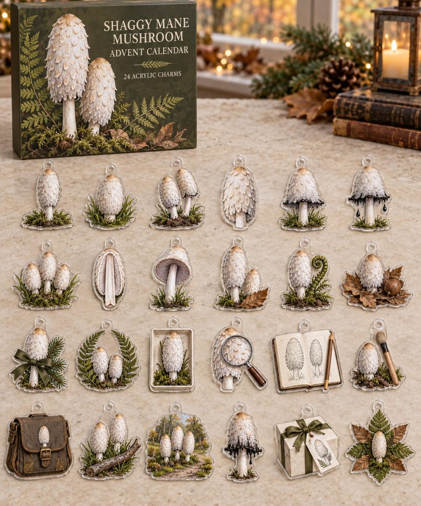 Shaggy Mane Mushroom 24-Day Holiday Charm Collection — Acrylic Fungi Charms For Foragers, Educators & Nature Lovers