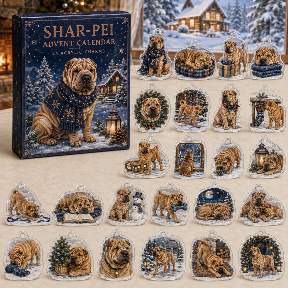Shar-Pei Holiday Countdown Calendar - 24 Acrylic Wrinkle Dog Charms, Unique Gift For Shar-Pei Admirers
