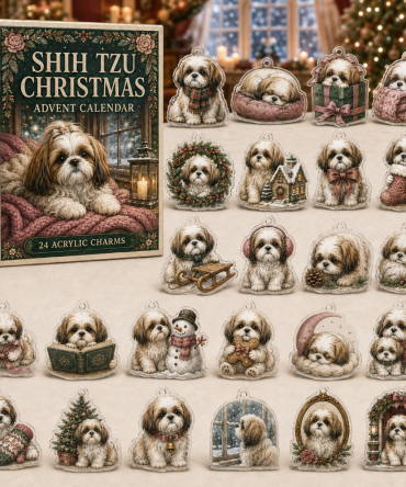 Shih Tzu Cozy Christmas Advent Calendar — 24 Acrylic Charms, Mini Dog Holiday Countdown, Gift For Shih Tzu Lovers, Cute Pet Keepsake