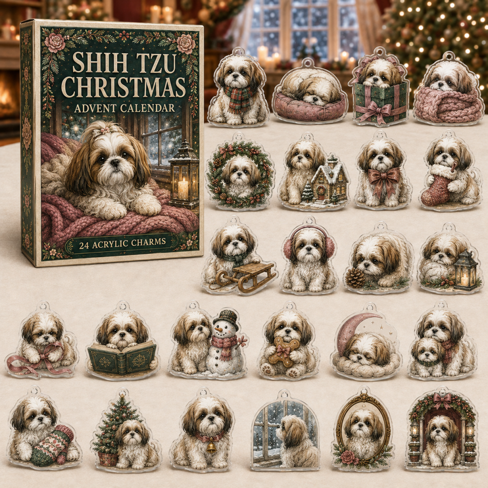 Shih Tzu Cozy Christmas Advent Calendar — 24 Acrylic Charms, Mini Dog Holiday Countdown, Gift For Shih Tzu Lovers, Cute Pet Keepsake