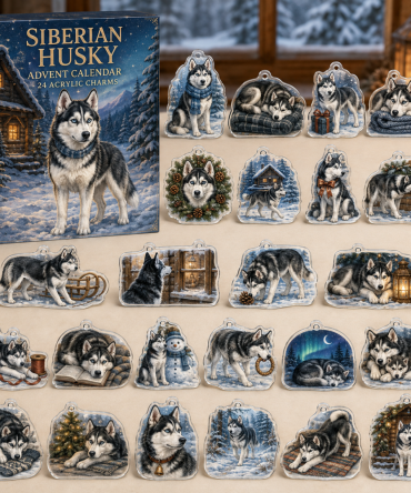 Siberian Husky Holiday Advent Calendar — 24 Arctic Acrylic Husky Charms, Perfect Winter Gift For Husky Fans & Collectors