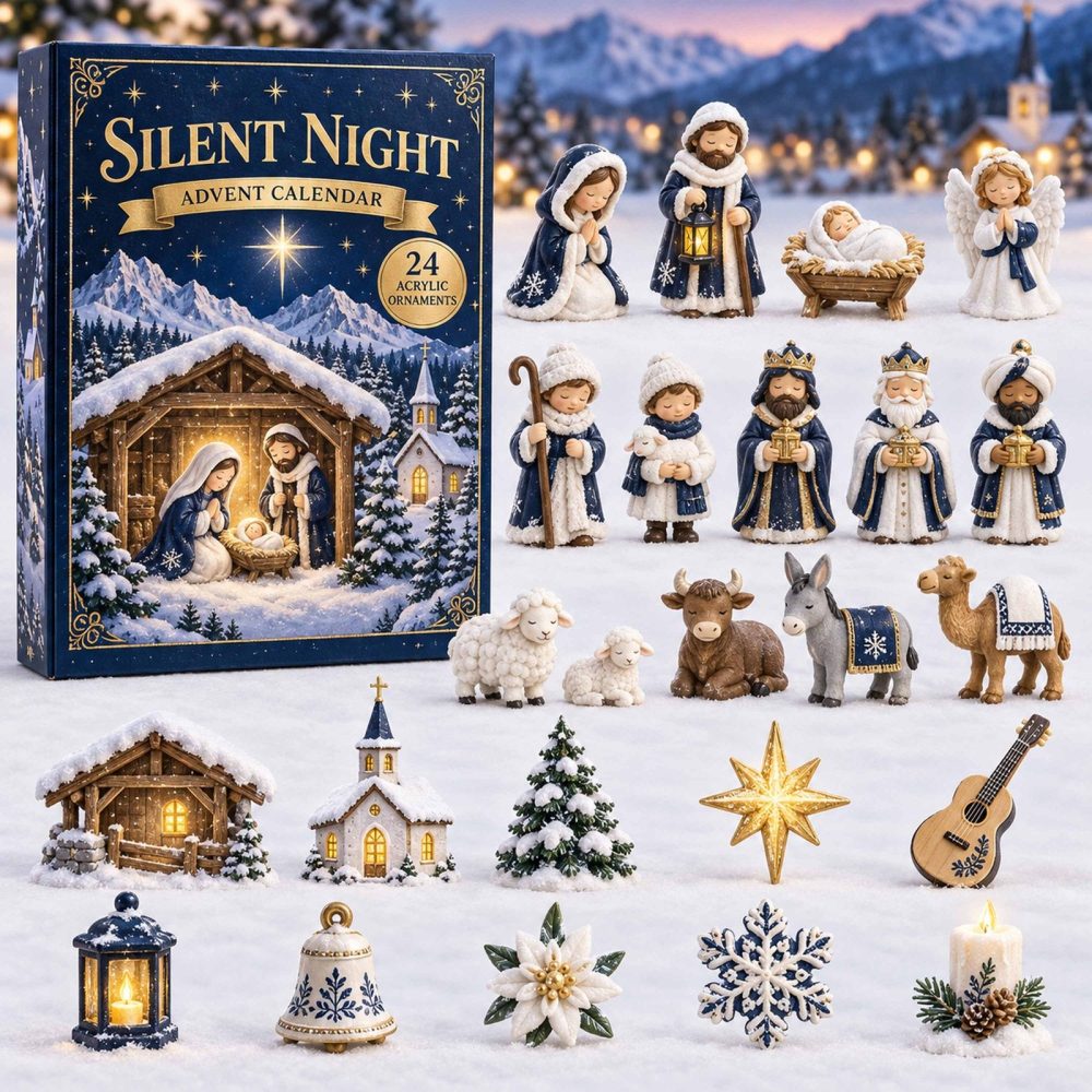 Silent Night 2026 Advent Calendar — 24-Day Serene Christmas Countdown With 24 Acrylic Charms, Classic Holiday Music & Nativity-Inspired Decor