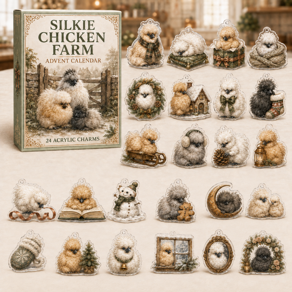 Silkie Chicken Farm Holiday Advent Calendar — 24 Acrylic Charms, Cute Silkie Bantam Collectible Set, Farm & Poultry Lover Christmas Gift