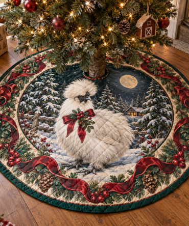 Silkie Chicken Holiday Tree Skirt — Quilted Reversible Mat With Soft Plush, Easy-Care, Charming Poultry-Themed Christmas Décor