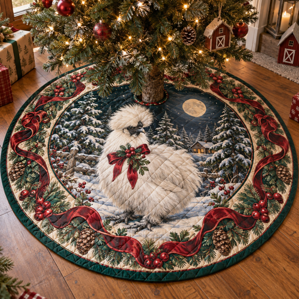 Silkie Chicken Holiday Tree Skirt — Quilted Reversible Mat With Soft Plush, Easy-Care, Charming Poultry-Themed Christmas Décor