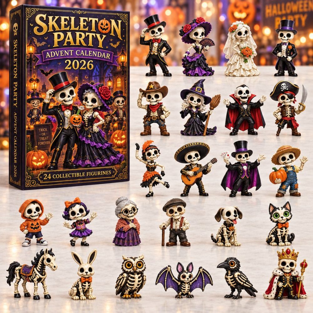 2026 Skeleton Party Countdown — 24 Fun Acrylic Skeleton & Party Charms For Halloween, Spooky Decorations & Themed Gift Set For All Ages