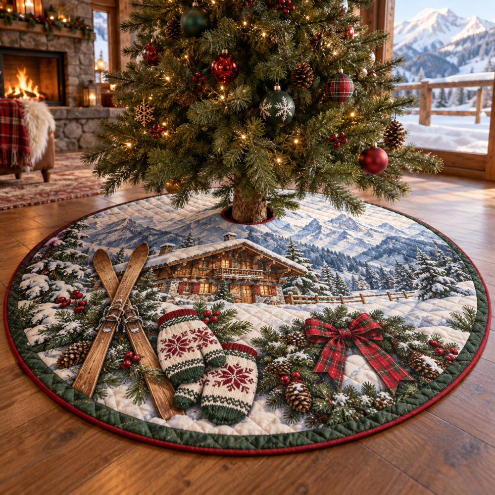 Ski Chalet Quilted Tree Skirt - Alpine Lodge Christmas Tree Skirt With Cozy Ski Motifs For Mountain Holiday Decor