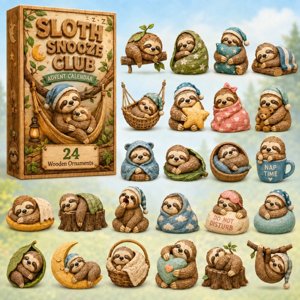 Sloth Snooze Club 2026 Advent Calendar — 24-Day Wooden Charm Countdown, Cute Sleepy Sloth Gifts For Relaxation Fans