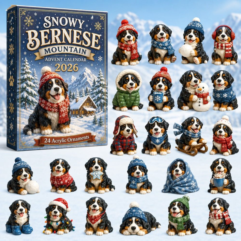2026 Snowy Bernese Mountain Countdown Calendar — 24 Alpine Acrylic Charms, Winter Dog Ornaments & Cozy Holiday Gift Set