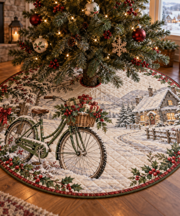 Snowy Bicycle Quilted Christmas Tree Skirt — Vintage Bike Holiday Décor, Cozy Quilting, Soft Cotton-Blend, Charming Gift For Cyclists