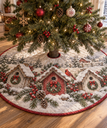 Snowy Birdhouse Quilted Christmas Tree Skirt — Winter Birdhouse Holiday Décor, Soft Insulated Quilting, Durable Cotton-Blend, Nature-Inspired