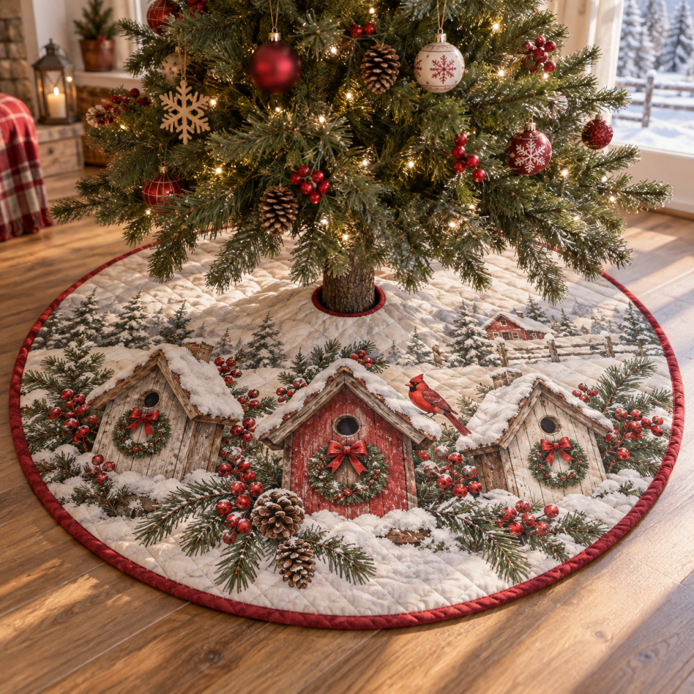 Snowy Birdhouse Quilted Christmas Tree Skirt — Winter Birdhouse Holiday Décor, Soft Insulated Quilting, Durable Cotton-Blend, Nature-Inspired