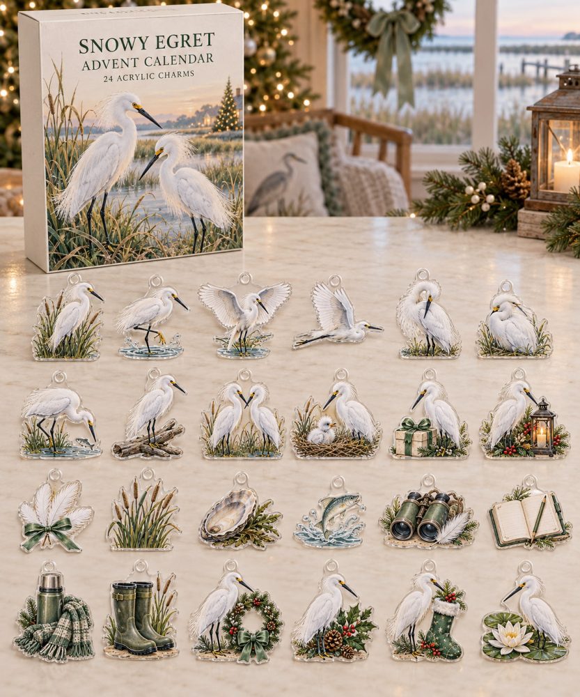 Snowy Egret Advent Calendar - 24 Acrylic Charms, Elegant White Bird Ornaments For Holiday Countdown & Gifts For Bird Lovers