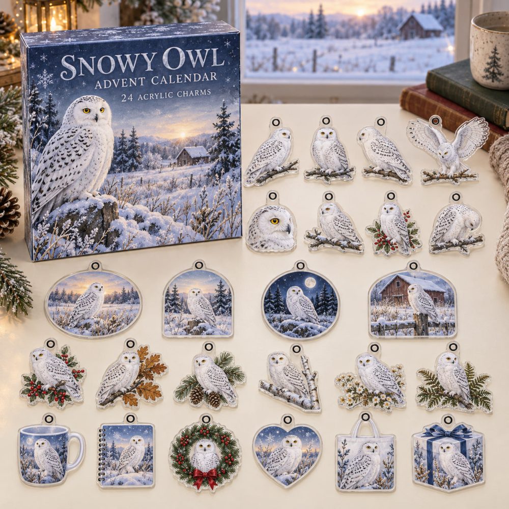 Snowy Owl 24-Day Charm Countdown — Elegant Acrylic Snowy Owl Charms For Advent, Ornaments & Gifts , Winter Birdwatcher Gift Set